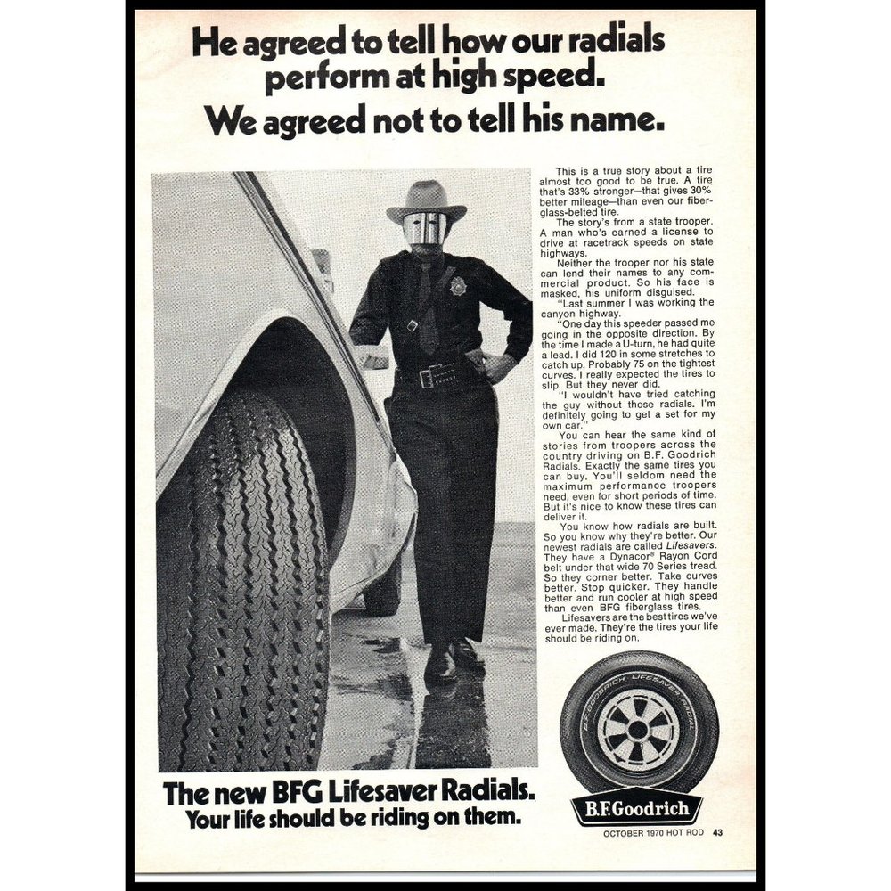 1970 BF Goodrich Lifesaver Tires Vintage Print Ad State Trooper Car Wall Art